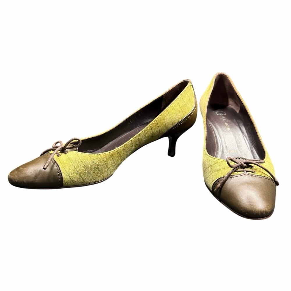 VTG Lime Green Suede Kitten Heels Wood Pumps Italian Leather Bow Accent Size 7 B